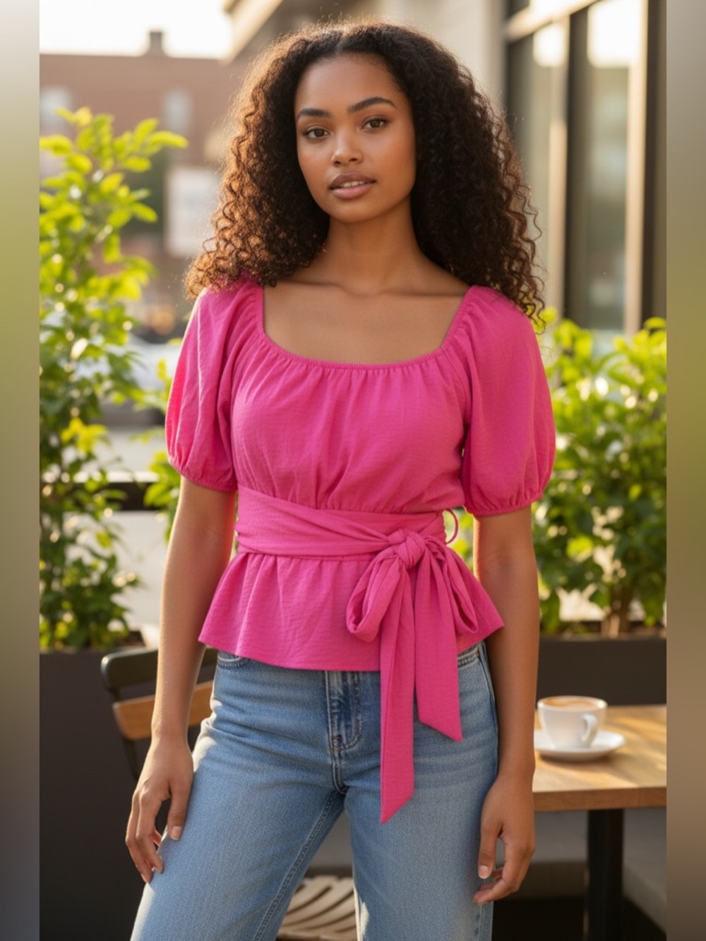 Altar'd State Hot Pink Puff-Sleeve Wrap Peplum Top NWT XS